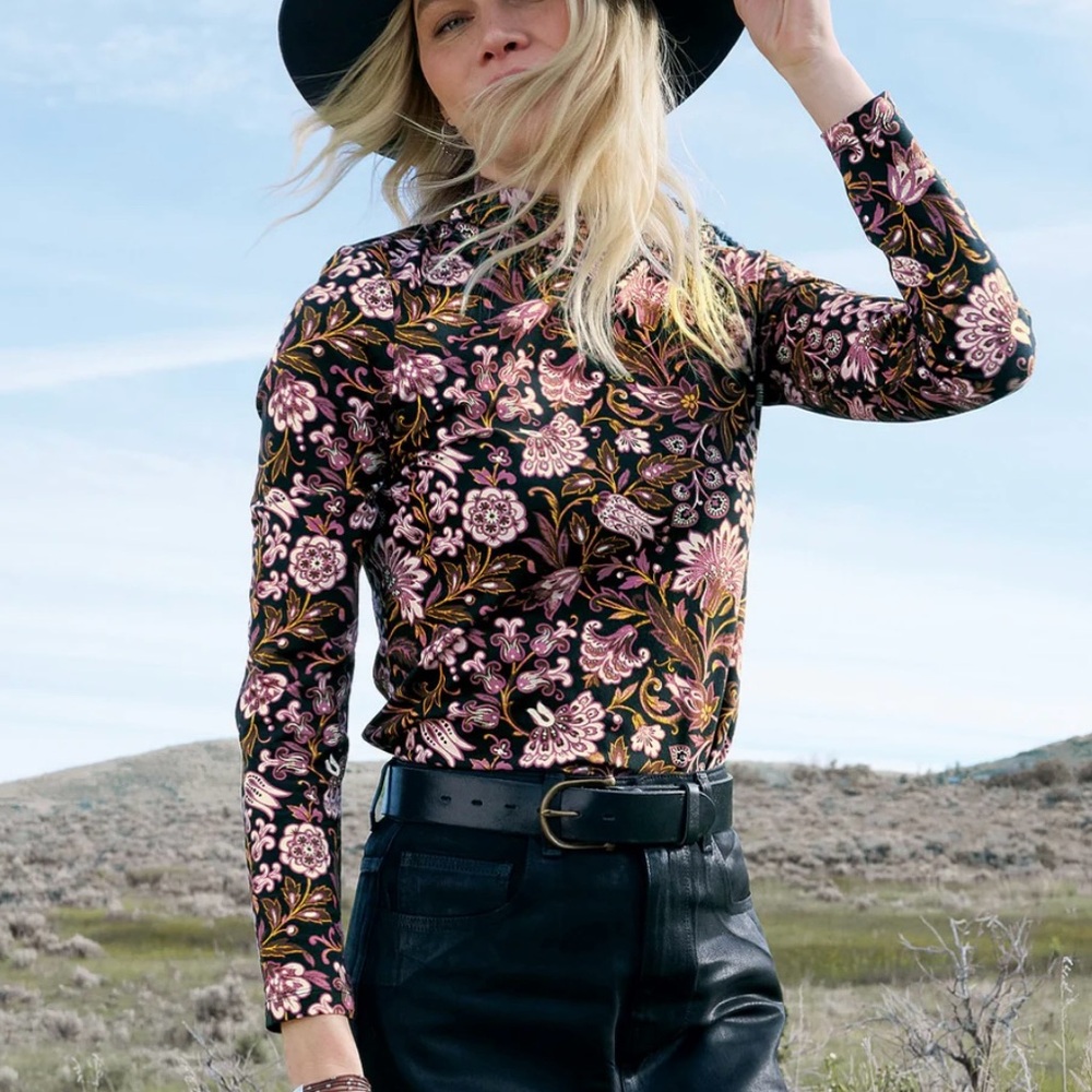 Sundance Henriette Turtleneck Floral Long Sleeve Top - Black and Pink